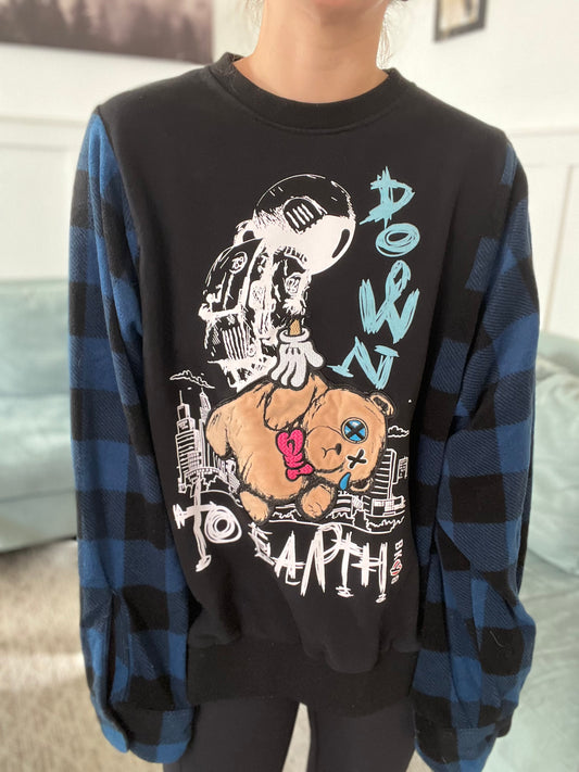 Down to Earth Sweater with Blue/Black Plaid Sleeves