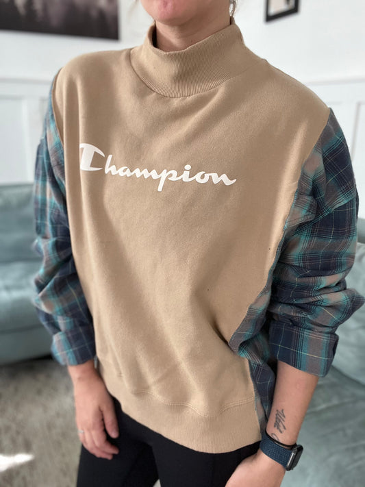 Tan Champion Sweater with Grey/Teal Sleeves