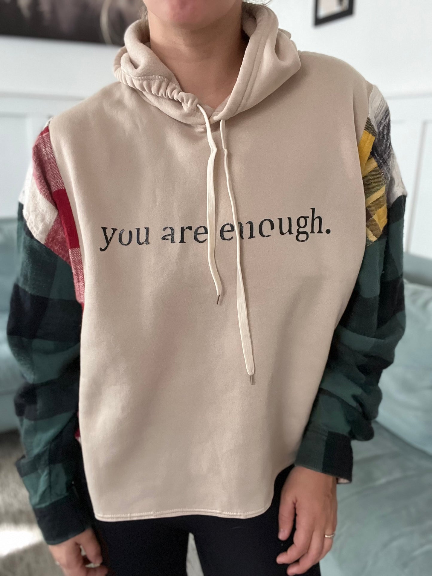 You are Enough Sweater Multi Plaid Sleeves