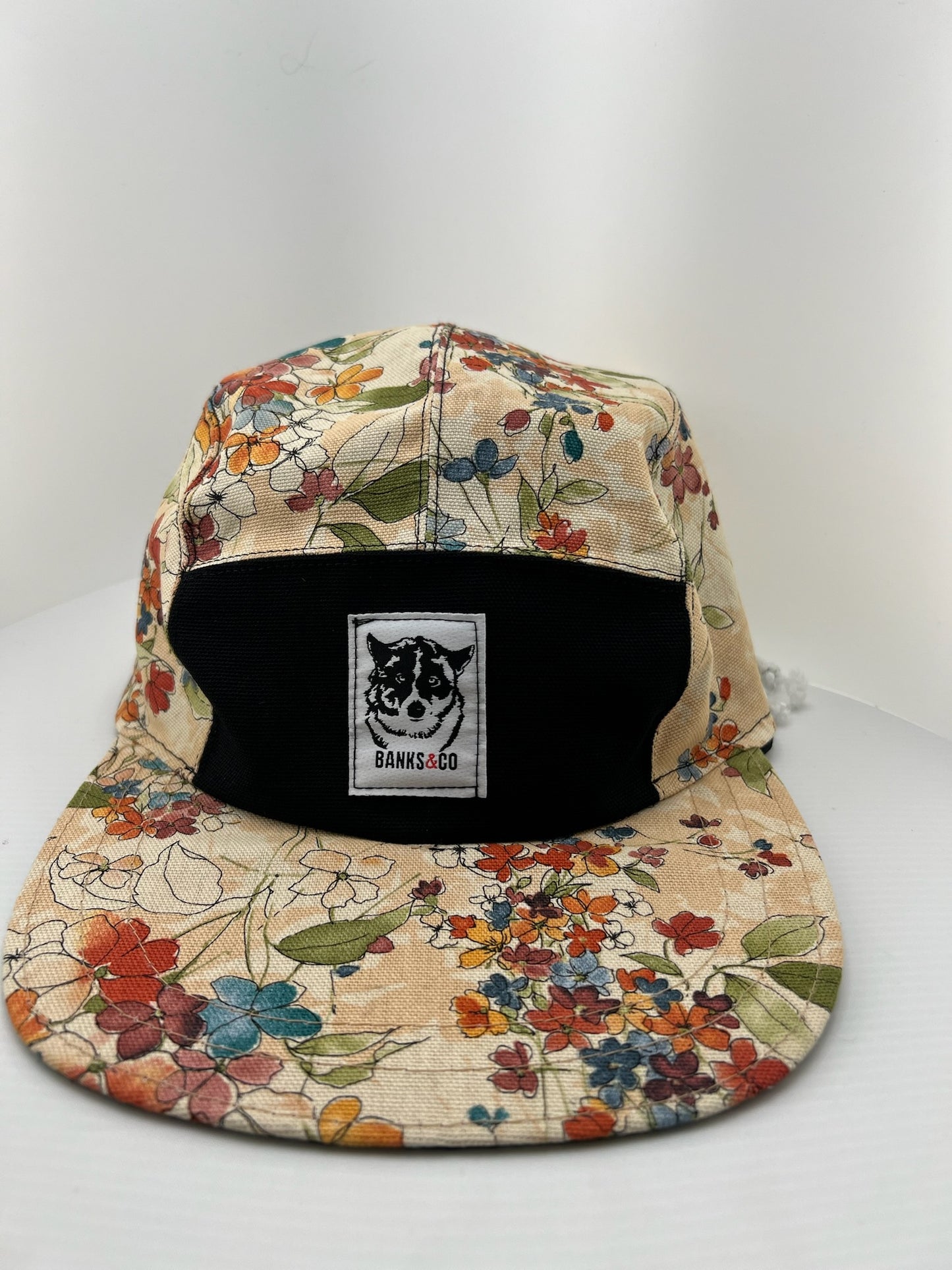 Floral / Black Canvas with White Lace Back 5 Panel