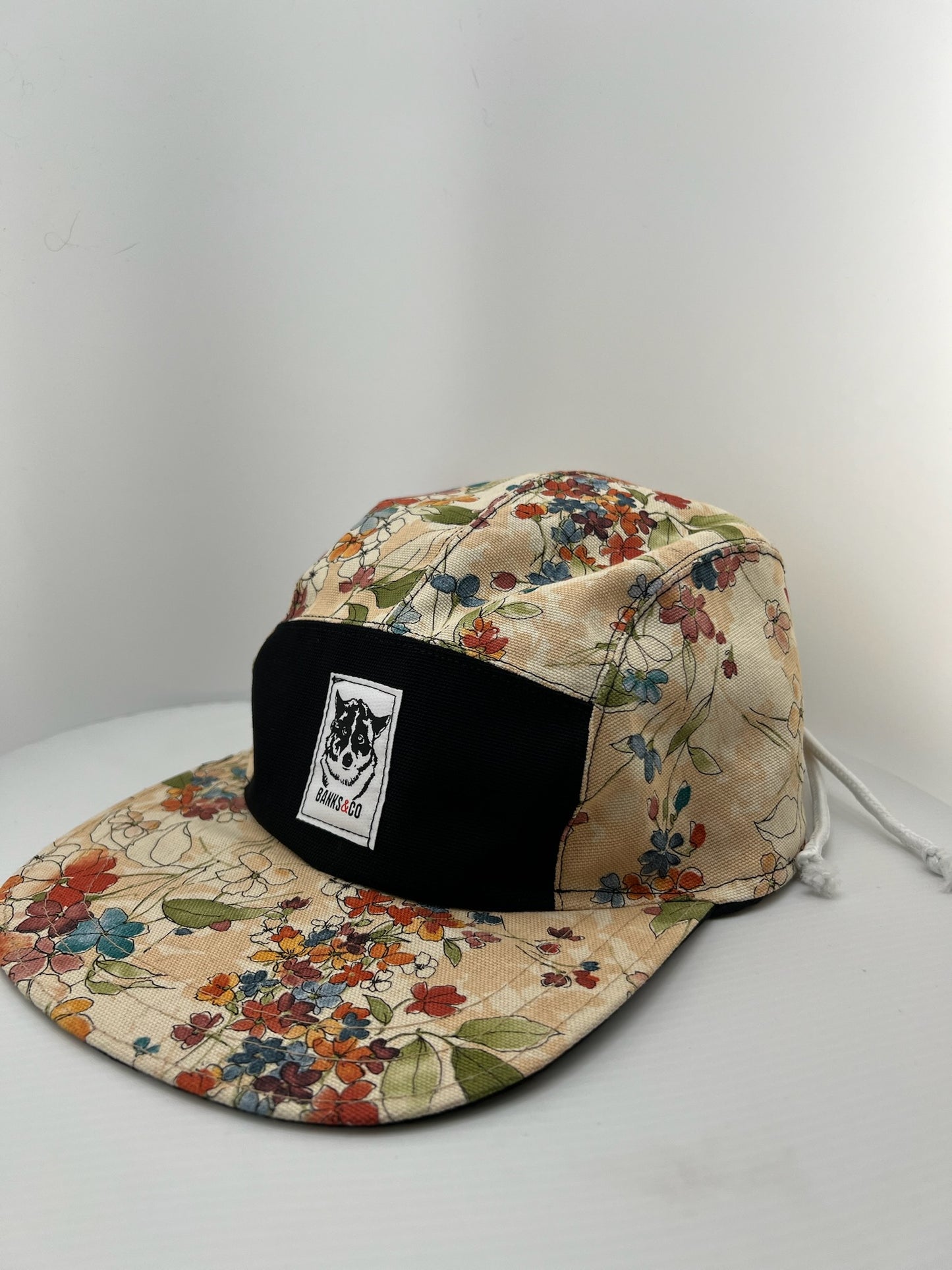 Floral / Black Canvas with White Lace Back 5 Panel