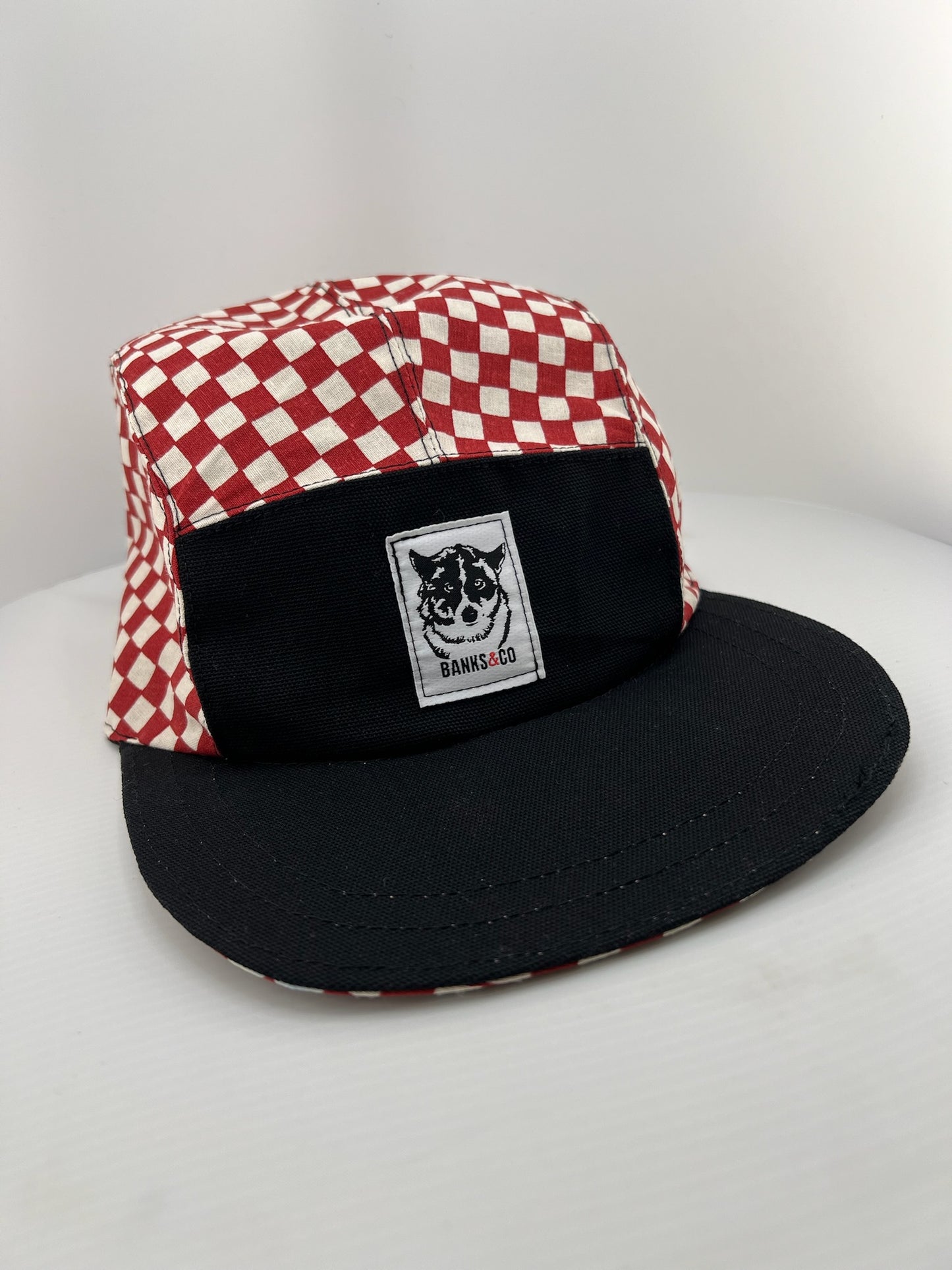 Red Checker/Black with White Lace Back 5 Panel