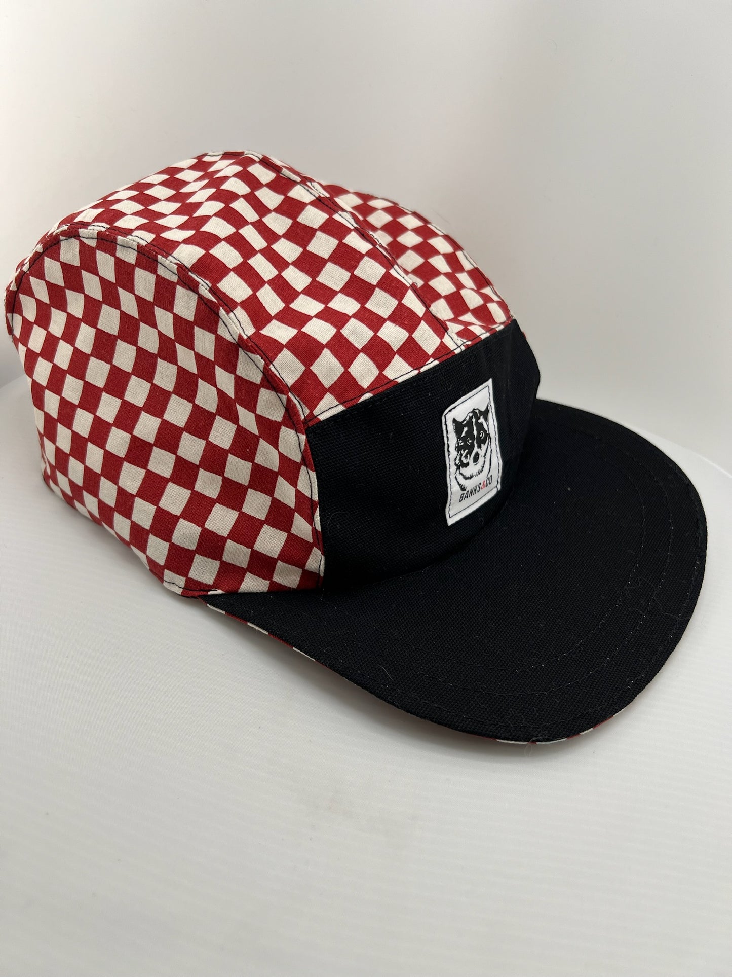 Red Checker/Black with White Lace Back 5 Panel