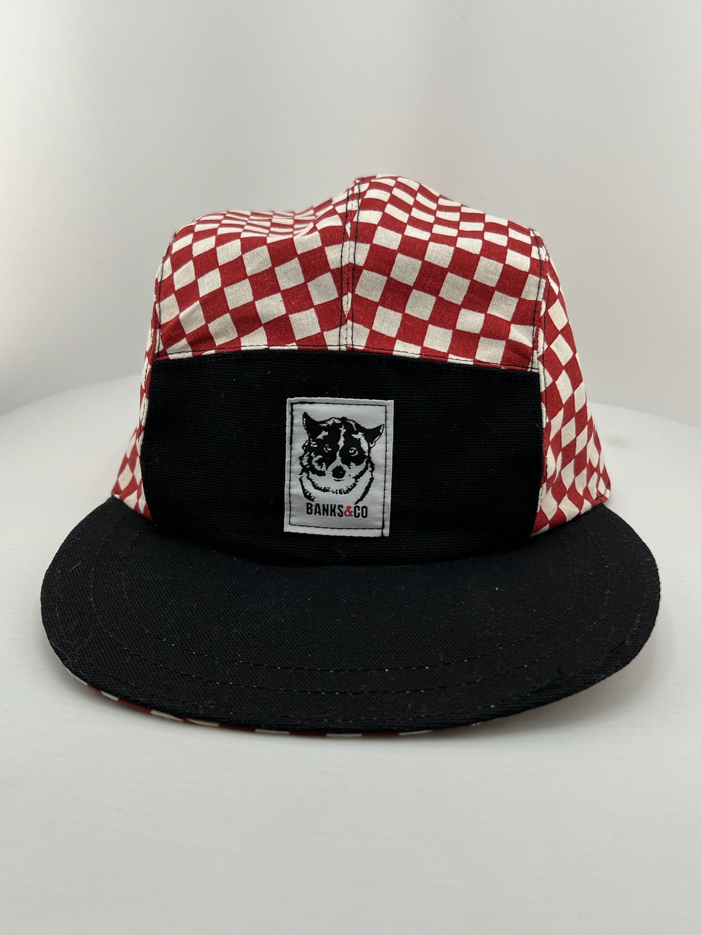 Red Checker/Black with White Lace Back 5 Panel