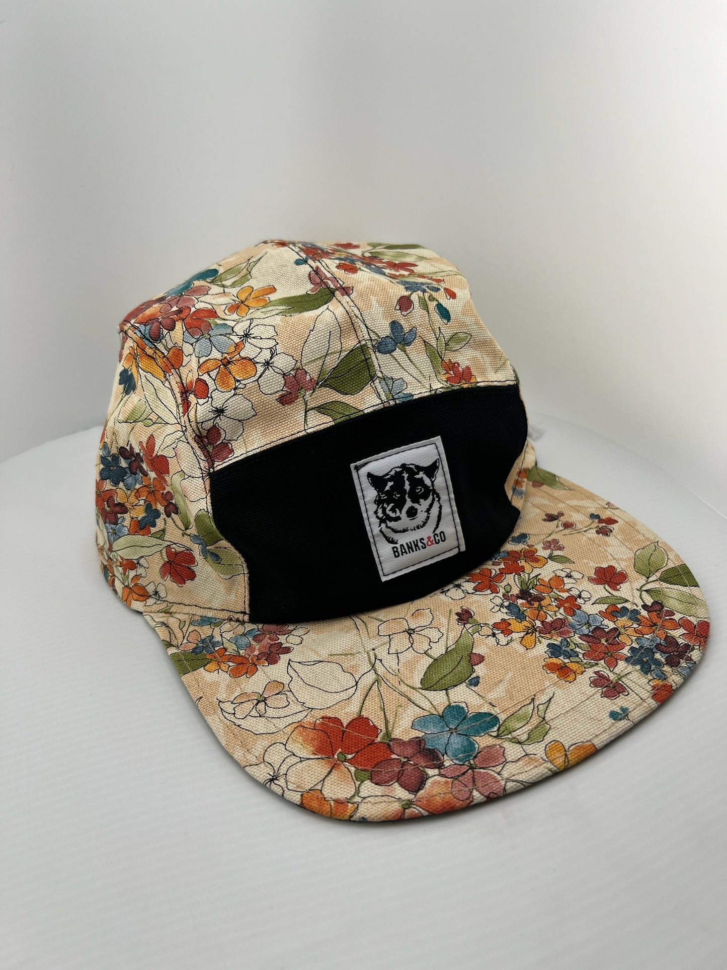 Floral / Black Canvas with White Lace Back 5 Panel
